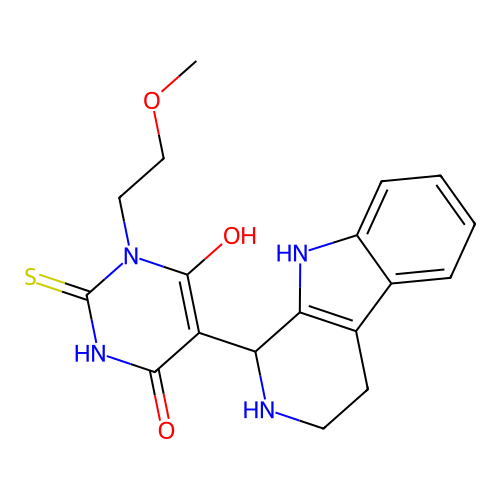 6-hydroxy-3-(2-methoxyethyl)-5-(2,3,4,9-tetrahydro-1H-pyrido[3,4-b]indol-1-yl)-2-thioxo-2,3-dihydropyrimidin-4(1H)-one structure