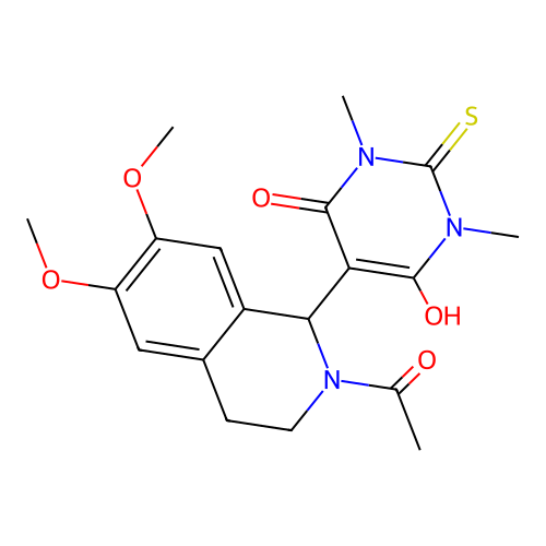 5-(2-acetyl-6,7-dimethoxy-1,2,3,4-tetrahydroisoquinolin-1-yl)-6-hydroxy-1,3-dimethyl-2-thioxo-2,3-dihydropyrimidin-4(1H)-one structure