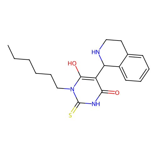 1-hexyl-6-hydroxy-2-sulfanylidene-5-(1,2,3,4-tetrahydroisoquinolin-1-yl)pyrimidin-4-one structure