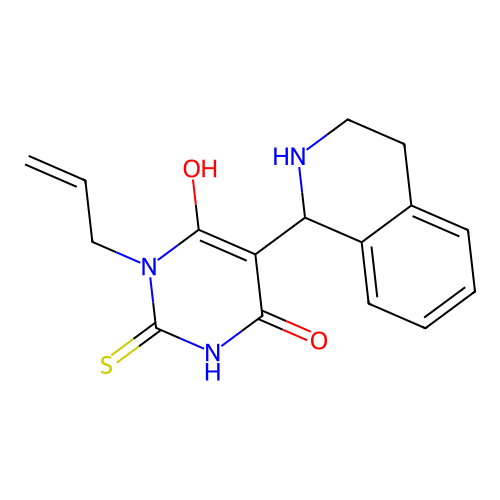 6-hydroxy-1-prop-2-enyl-2-sulfanylidene-5-(1,2,3,4-tetrahydroisoquinolin-1-yl)pyrimidin-4-one structure