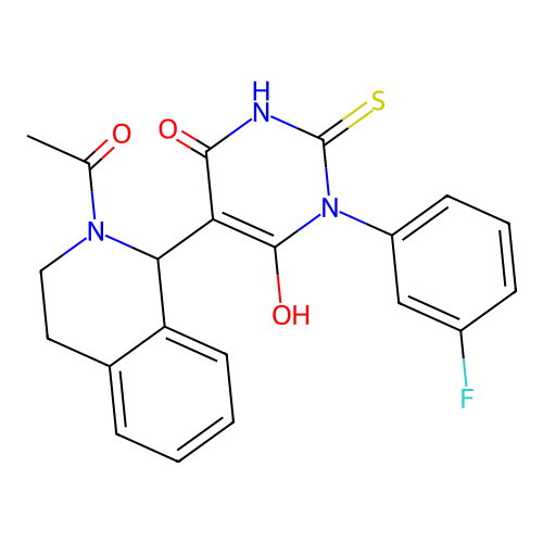 5-(2-acetyl-1,2,3,4-tetrahydroisoquinolin-1-yl)-3-(3-fluorophenyl)-6-hydroxy-2-thioxo-2,3-dihydropyrimidin-4(1H)-one structure