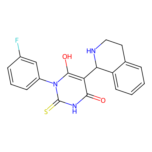 1-(3-fluorophenyl)-6-hydroxy-2-sulfanylidene-5-(1,2,3,4-tetrahydroisoquinolin-1-yl)pyrimidin-4-one structure