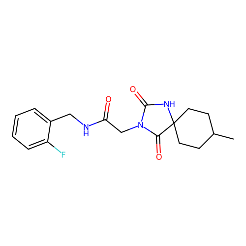 N-(2-fluorobenzyl)-2-(8-methyl-2,4-dioxo-1,3-diazaspiro[4.5]dec-3-yl)acetamide structure