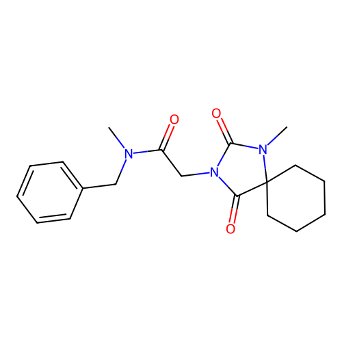 N-benzyl-N-methyl-2-(1-methyl-2,4-dioxo-1,3-diazaspiro[4.5]dec-3-yl)acetamide structure