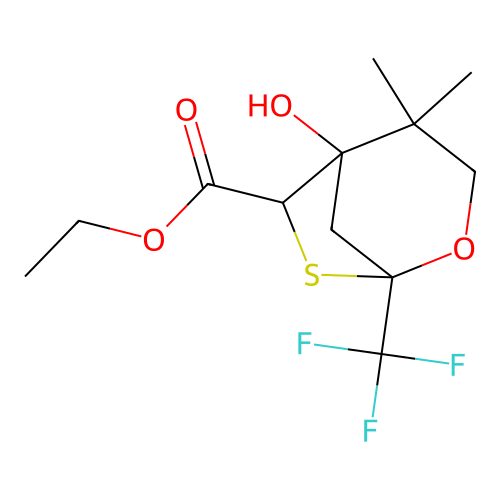 ethyl 5-hydroxy-4,4-dimethyl-1-(trifluoromethyl)-2-oxa-7-thiabicyclo[3.2.1]octane-6-carboxylate structure
