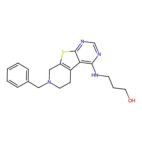 3-[(7-benzyl-6,8-dihydro-5H-pyrido[4,5]thieno[1,2-c]pyrimidin-4-yl)amino]propan-1-ol structure