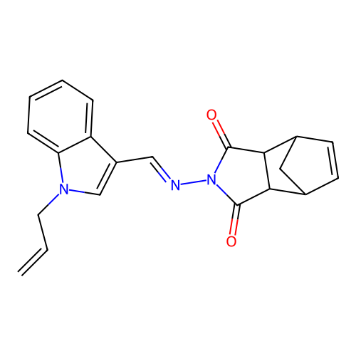 (E)-2-(((1-allyl-1H-indol-3-yl)methylene)amino)-3a,4,7,7a-tetrahydro-1H-4,7-methanoisoindole-1,3(2H)-dione structure