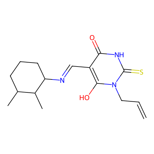 (E)-1-allyl-5-(((2,3-dimethylcyclohexyl)amino)methylene)-2-thioxodihydropyrimidine-4,6(1H,5H)-dione structure