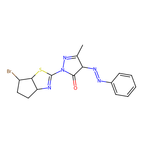 (E)-1-(6-bromo-4,5,6,6a-tetrahydro-3aH-cyclopenta[d]thiazol-2-yl)-3-methyl-4-(phenyldiazenyl)-1H-pyrazol-5(4H)-one structure