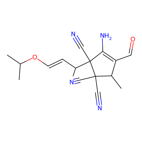 (E)-3-amino-4-formyl-2-(4-isopropoxybut-3-en-2-yl)-5-methylcyclopent-3-ene-1,1,2-tricarbonitrile structure