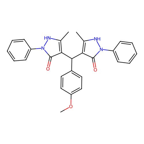 4,4'-[(4-methoxyphenyl)methanediyl]bis(3-methyl-1-phenyl-1H-pyrazol-5-ol) structure