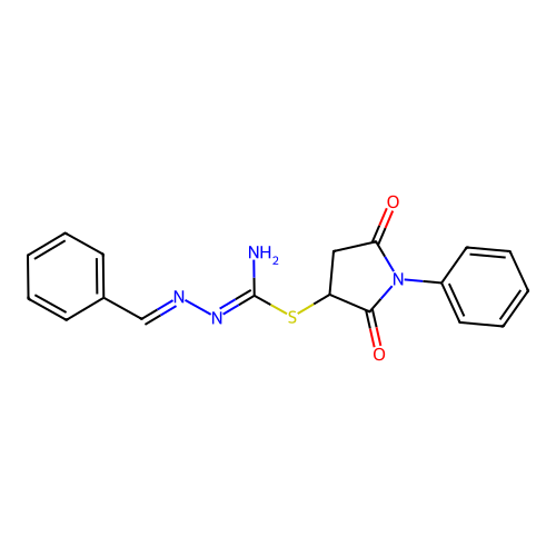 (E)-2,5-dioxo-1-phenylpyrrolidin-3-yl 2-benzylidenehydrazinecarbimidothioate structure