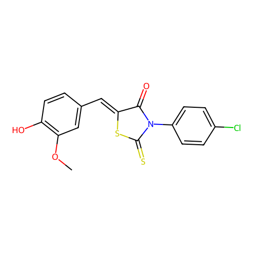 (Z)-3-(4-chlorophenyl)-5-(4-hydroxy-3-methoxybenzylidene)-2-thioxothiazolidin-4-one structure