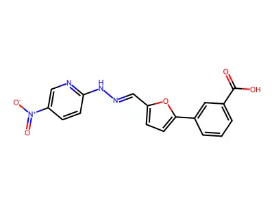 3-[5-[(E)-[(5-nitropyridin-2-yl)hydrazinylidene]methyl]furan-2-yl]benzoic acid structure