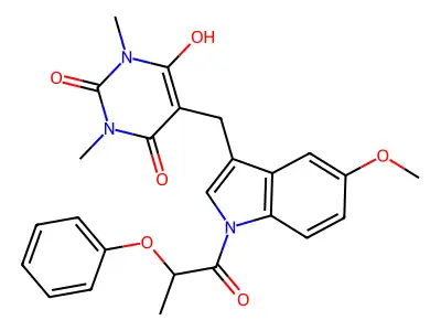6-hydroxy-5-{[5-methoxy-1-(2-phenoxypropanoyl)-1H-indol-3-yl]methyl}-1,3-dimethyl-2,4(1H,3H)-pyrimidinedione structure