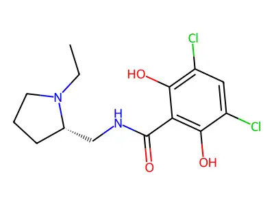3,5-dichloro-N-[(1-ethylpyrrolidin-2-yl)methyl]-2,6-dihydroxybenzamide structure