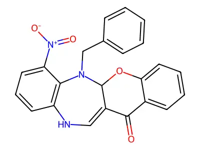 6,11-Dihydro-7-nitro-6-(phenylmethyl)-(1)benzopyrano(2,3-b)(1,5)benzodiazepin-13(5ah)-one structure