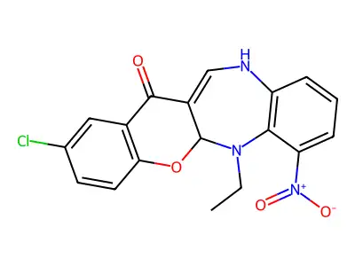 6,11-Dihydro-2-chloro-6-ethyl-7-nitro-(1)benzopyrano(2,3-b)(1,5)benzodiazepin-13(5ah)-one structure