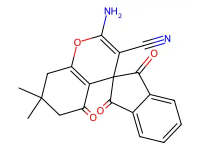 2-amino-7,7-dimethyl-1',3',5-trioxo-1',3',5,6,7,8-hexahydrospiro[chromene-4,2'-indene]-3-carbonitrile structure
