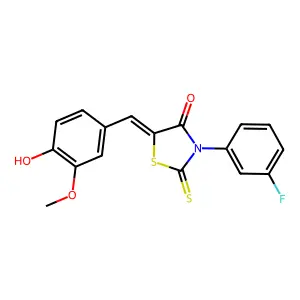 (5Z)-3-(3-fluorophenyl)-5-(4-hydroxy-3-methoxybenzylidene)-2-thioxo-1,3-thiazolidin-4-one structure
