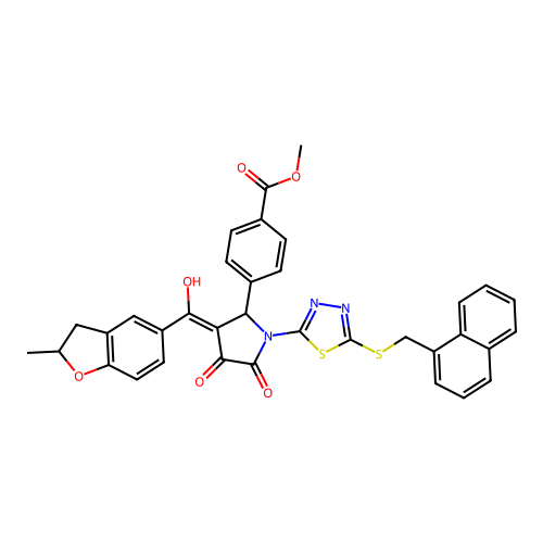 methyl 4-(4-hydroxy-3-(2-methyl-2,3-dihydrobenzofuran-5-carbonyl)-1-(5-((naphthalen-1-ylmethyl)thio)-1,3,4-thiadiazol-2-yl)-5-oxo-2,5-dihydro-1H-pyrrol-2-yl)benzoate structure