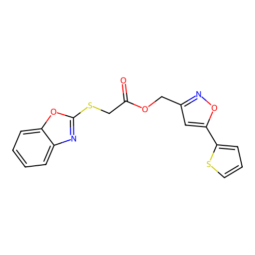(5-(Thiophen-2-yl)isoxazol-3-yl)methyl 2-(benzo[d]oxazol-2-ylthio)acetate structure