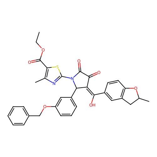 ethyl 2-(2-(3-(benzyloxy)phenyl)-4-hydroxy-3-(2-methyl-2,3-dihydrobenzofuran-5-carbonyl)-5-oxo-2,5-dihydro-1H-pyrrol-1-yl)-4-methylthiazole-5-carboxylate structure