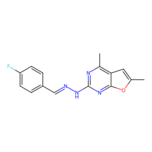 2-[(2E)-2-(4-fluorobenzylidene)hydrazinyl]-4,6-dimethylfuro[2,3-d]pyrimidine structure
