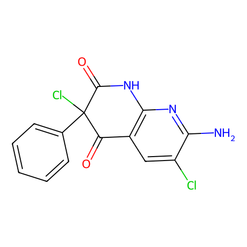 7-amino-3,6-dichloro-3-phenyl-1H-1,8-naphthyridine-2,4-dione structure