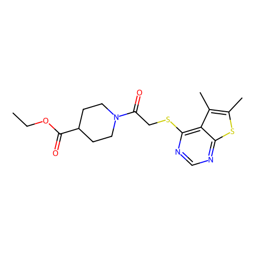 ethyl 1-(2-((5,6-dimethylthieno[2,3-d]pyrimidin-4-yl)thio)acetyl)piperidine-4-carboxylate structure