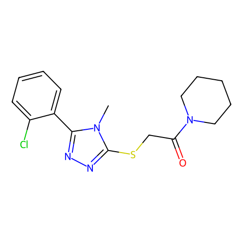 2-[[5-(2-chlorophenyl)-4-methyl-1,2,4-triazol-3-yl]sulfanyl]-1-piperidin-1-ylethanone structure