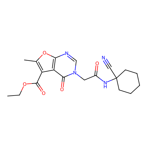 ethyl 3-[2-[(1-cyanocyclohexyl)amino]-2-oxoethyl]-6-methyl-4-oxofuro[2,3-d]pyrimidine-5-carboxylate structure