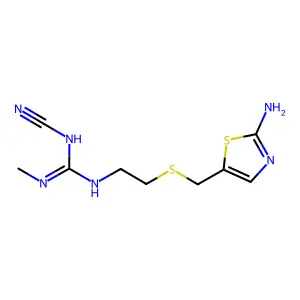 N-cyano-N'-methyl-N''-(2-((2-amino-5-thiazolyl)methylthio)ethyl)guanidine structure