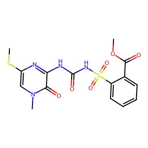 Benzoic acid, 2-(((((3,4-dihydro-4-methyl-6-(methylthio)-3-oxopyrazinyl)amino)carbonyl)amino)sulfonyl)-, methyl ester structure