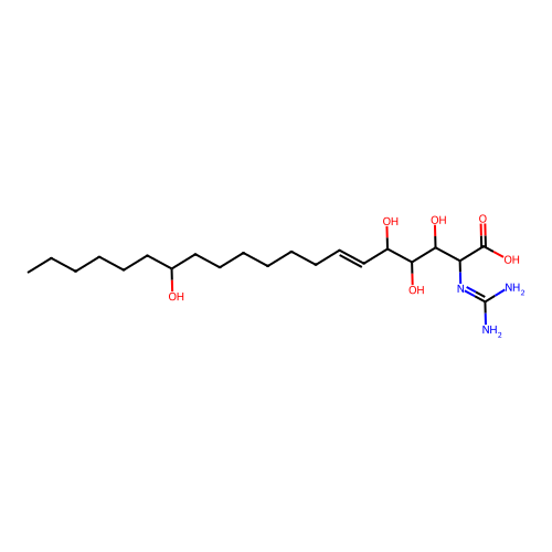 (E)-2-(diaminomethylideneamino)-3,4,5,14-tetrahydroxyicos-6-enoic acid structure