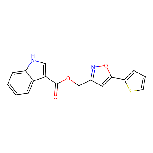 (5-(thiophen-2-yl)isoxazol-3-yl)methyl 1H-indole-3-carboxylate structure