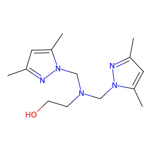 N,N-bis(3,5-dimethylpyrazol-1-ylmethyl)-1-hydroxy-2-aminoethane structure