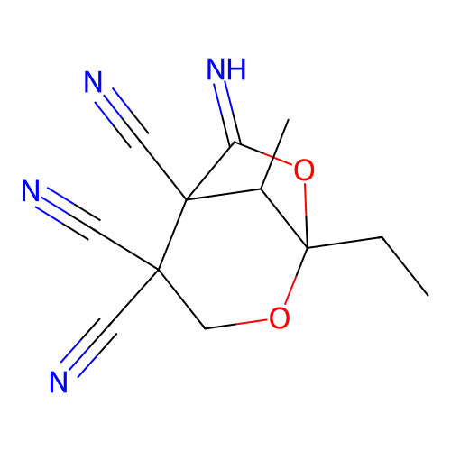 1-Ethyl-6-imino-8-methyl-2,7-dioxabicyclo[3.2.1]octane-4,4,5-tricarbonitrile structure
