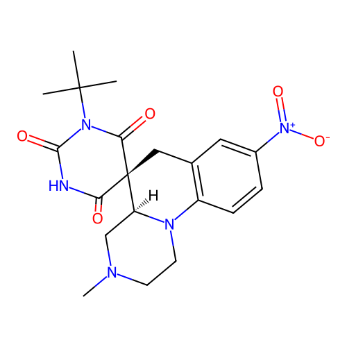 (4'aR,5R)-1-tert-butyl-3'-methyl-8'-nitrospiro[1,3-diazinane-5,5'-2,4,4a,6-tetrahydro-1H-pyrazino[1,2-a]quinoline]-2,4,6-trione structure