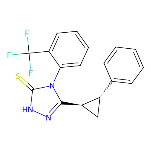3-[(1R,2R)-2-phenylcyclopropyl]-4-[2-(trifluoromethyl)phenyl]-1H-1,2,4-triazole-5-thione structure