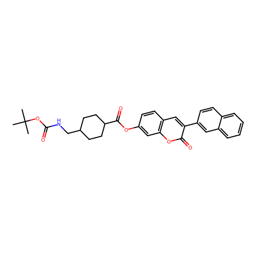 (1r,4r)-3-(naphthalen-2-yl)-2-oxo-2H-chromen-7-yl 4-(((tert-butoxycarbonyl)amino)methyl)cyclohexanecarboxylate structure