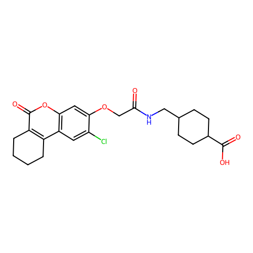 (1r,4r)-4-((2-((2-chloro-6-oxo-7,8,9,10-tetrahydro-6H-benzo[c]chromen-3-yl)oxy)acetamido)methyl)cyclohexanecarboxylic acid structure