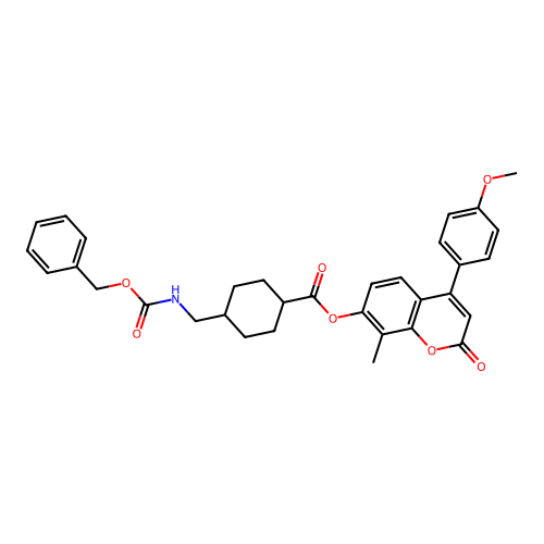 (1r,4r)-4-(4-methoxyphenyl)-8-methyl-2-oxo-2H-chromen-7-yl 4-((((benzyloxy)carbonyl)amino)methyl)cyclohexanecarboxylate structure