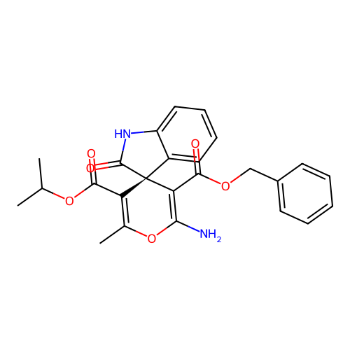 (S)-3'-benzyl 5'-isopropyl 2'-amino-6'-methyl-2-oxospiro[indoline-3,4'-pyran]-3',5'-dicarboxylate structure
