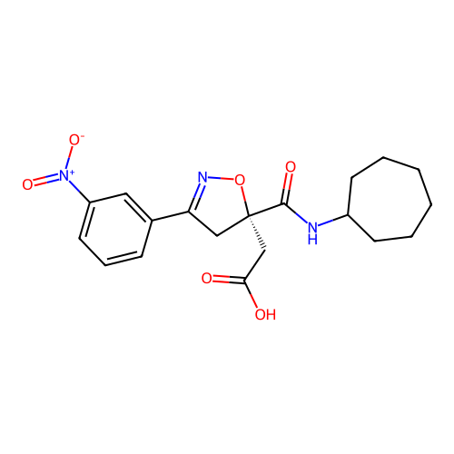 2-[(5S)-5-(cycloheptylcarbamoyl)-3-(3-nitrophenyl)-4H-1,2-oxazol-5-yl]acetic Acid structure