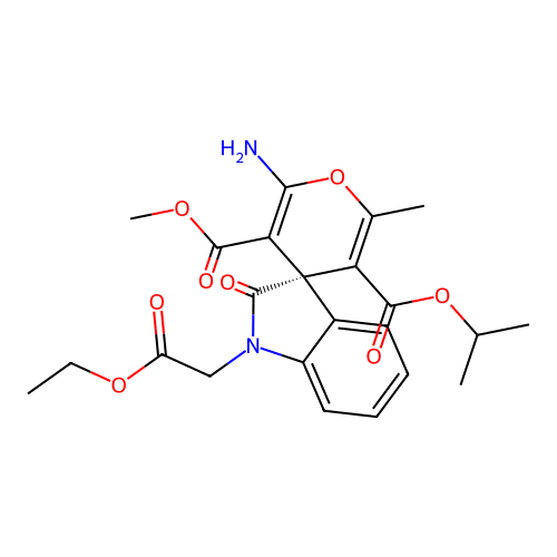 (S)-5'-isopropyl 3'-methyl 2'-amino-1-(2-ethoxy-2-oxoethyl)-6'-methyl-2-oxospiro[indoline-3,4'-pyran]-3',5'-dicarboxylate structure