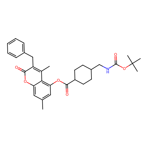(1r,4r)-3-benzyl-4,7-dimethyl-2-oxo-2H-chromen-5-yl 4-(((tert-butoxycarbonyl)amino)methyl)cyclohexanecarboxylate structure
