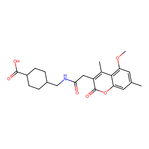 (1r,4r)-4-((2-(5-methoxy-4,7-dimethyl-2-oxo-2H-chromen-3-yl)acetamido)methyl)cyclohexanecarboxylic acid structure