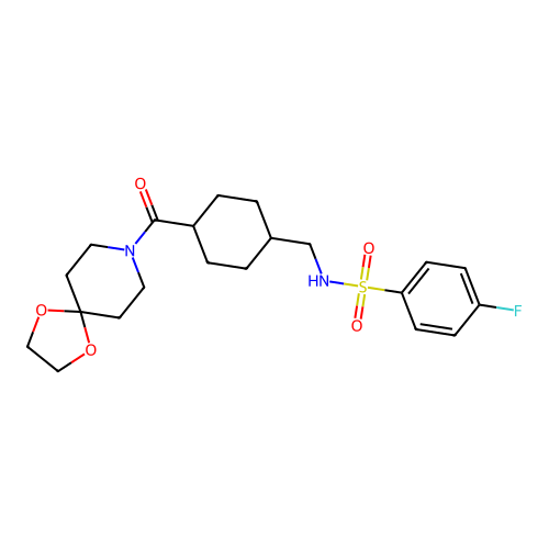 N-(((1r,4r)-4-(1,4-dioxa-8-azaspiro[4.5]decane-8-carbonyl)cyclohexyl)methyl)-4-fluorobenzenesulfonamide structure