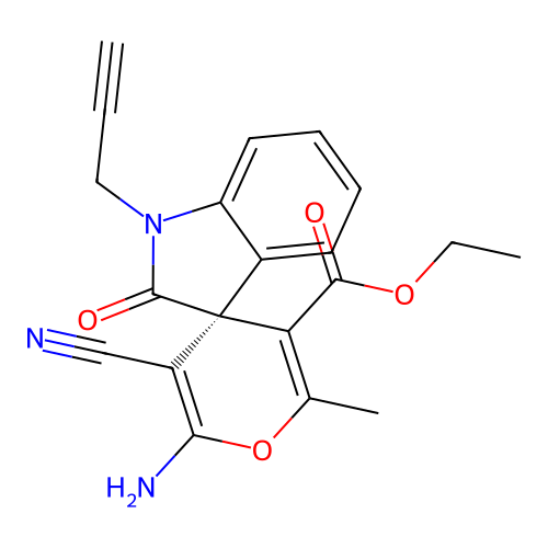(R)-ethyl 2'-amino-3'-cyano-6'-methyl-2-oxo-1-(prop-2-yn-1-yl)spiro[indoline-3,4'-pyran]-5'-carboxylate structure